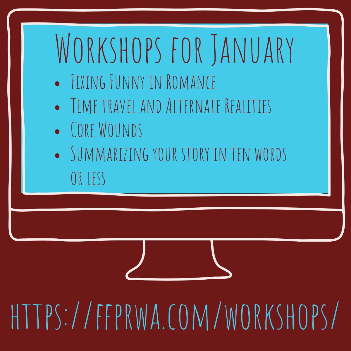 FFnP's tweet image. It may be nearing the middle of the month, but don’t fret! You can still register for our monthly workshops. Visit ffprwa.com/workshops/ to sign up! (Don’t forget to sign in as a member to get a discount!) #Romancelandia #AmWriting #WritingCommunity