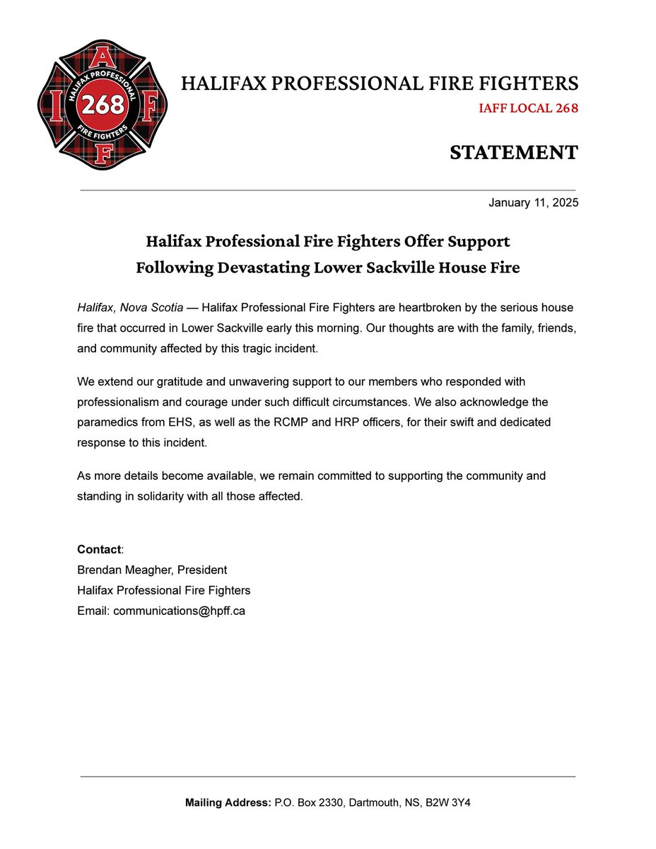 We are heartbroken by this morning’s devastating house fire in Lower Sackville. Our thoughts are with the family, friends, community and our members. 

Read our full statement below.