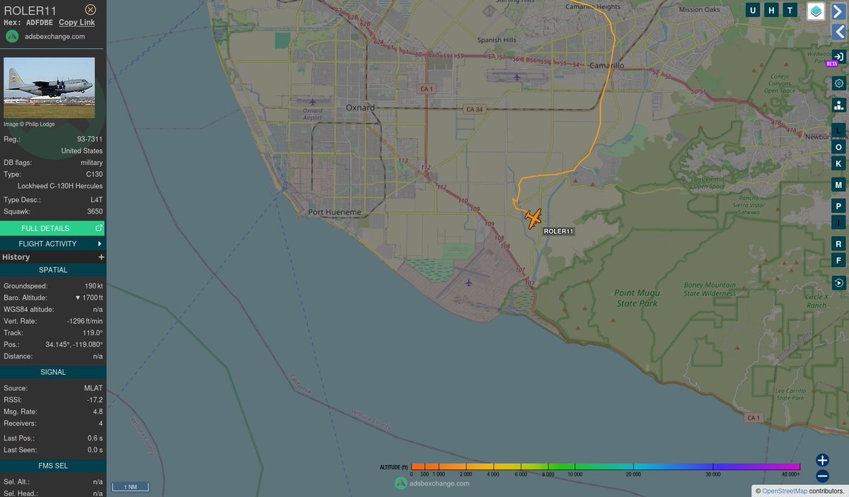 TheIntelFrog's tweet photo. NV ANG C-130 #ADFDBE as ROLER11 is inbound to NAS Point Mugu from Reno, NV.  This is likely support for their 2 MAFFS at the base.  

34/ https://t.co/4cqduuBehj