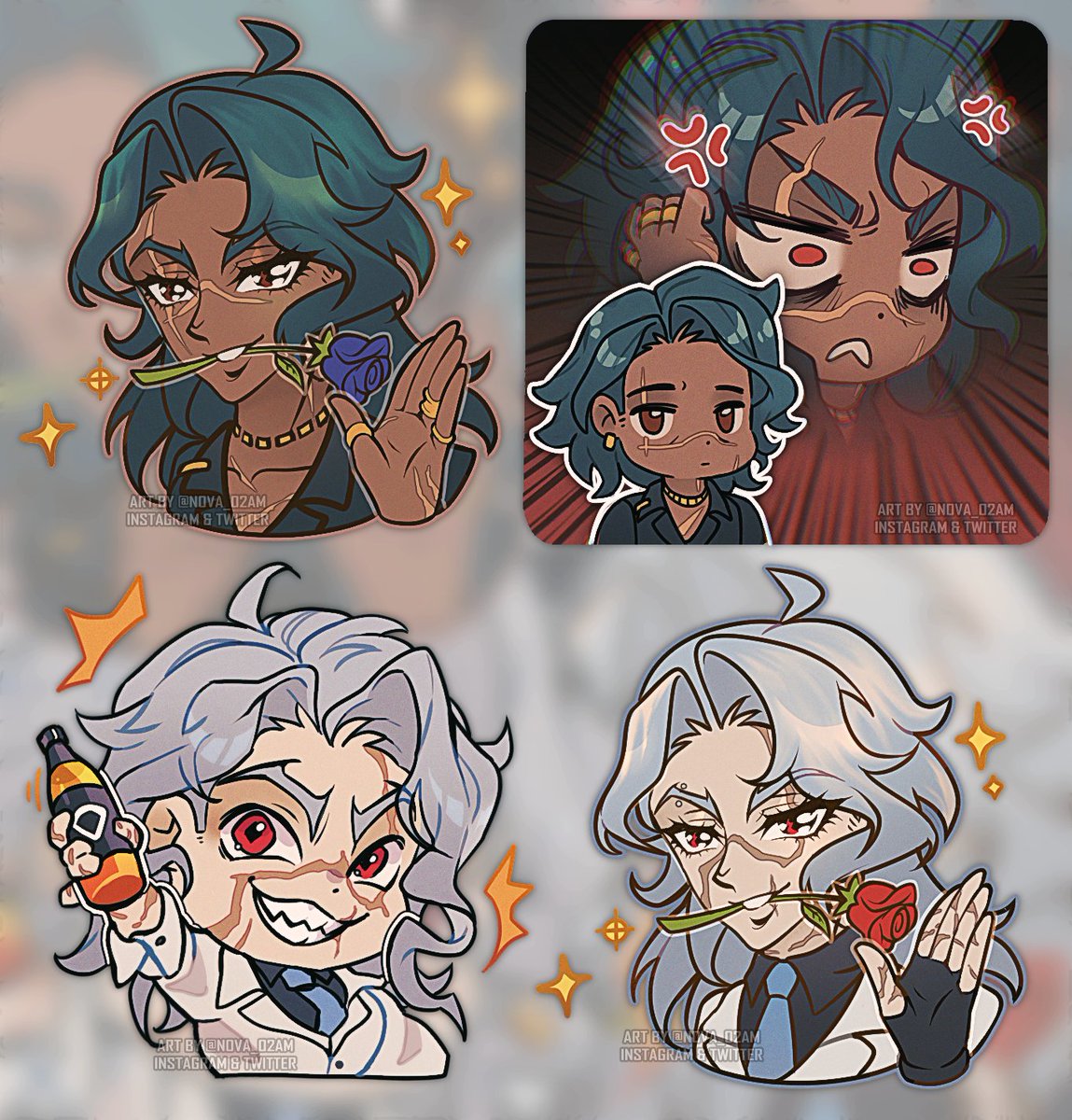 nova_02am's tweet image. ✧ 〳Some stickers I&apos;ve done of my segment Zenith (bottom) and @jamvna &apos;s segment Professor Zandik (top) 🌹☺️

[ #dottore #genshin #dottoresegment #genshimimpact #stickers #emotes ]