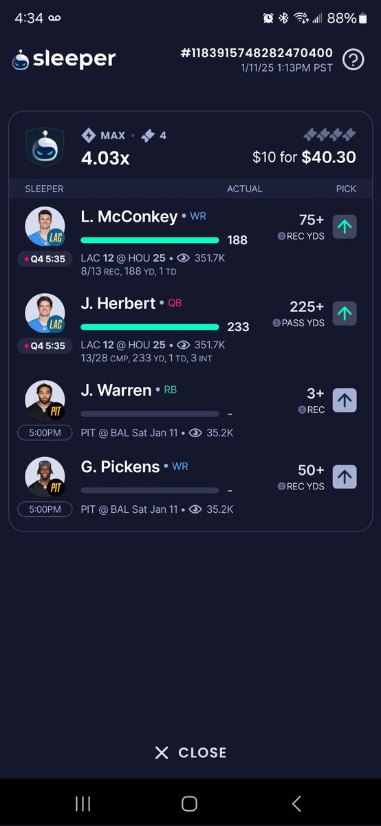 Okay so maybe Herbert wasn't going to get the over but that 86yd catch saved my picks. Now let's hope the Steelers have a decent game and secure my picks <a href="/SleeperHQ/">Sleeper</a>