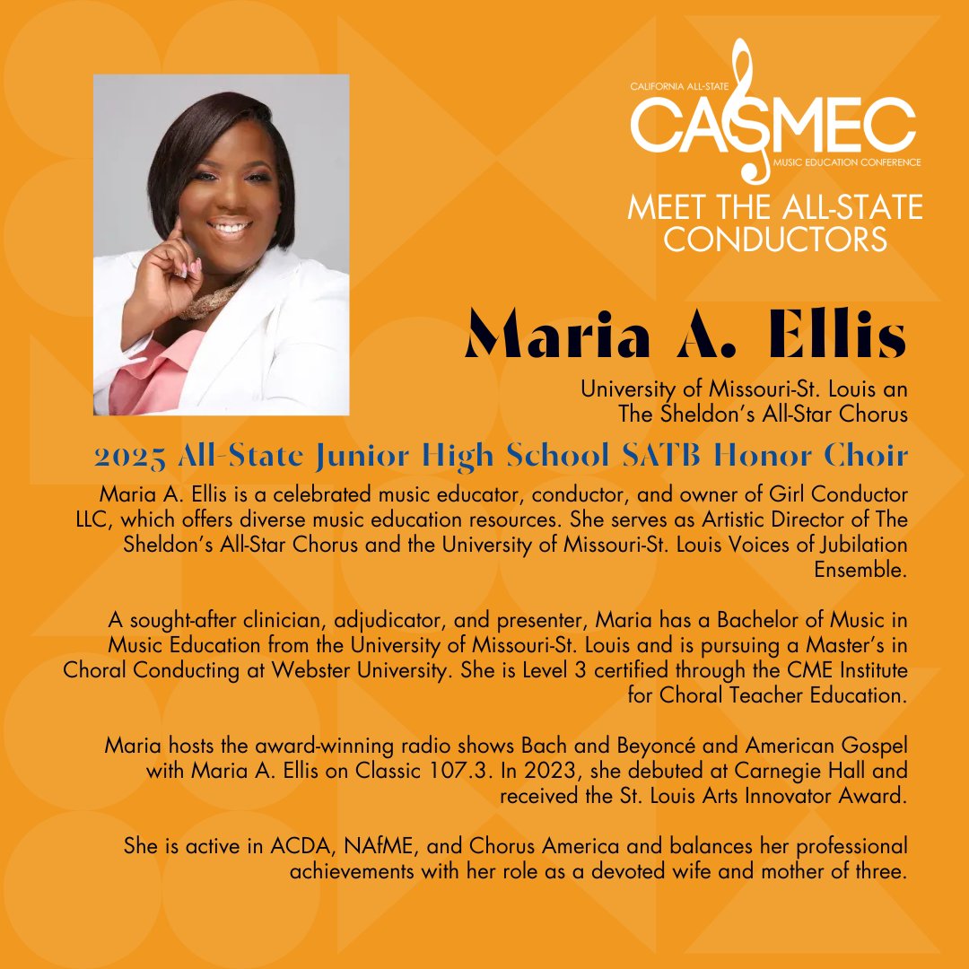 casmecmusic's tweet photo. Introducing the esteemed conductors leading our All-State Honor Choirs at #CASMEC25!

Download the official CASMEC App to add honor concerts to your own personal conference schedule! https://t.co/mMjr0wBOxg