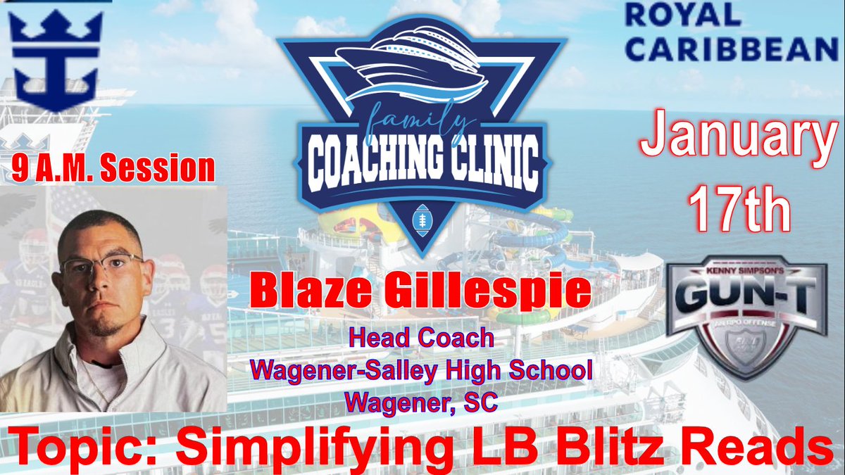 Blaze Gillespie (@coachg4c) on Twitter photo I am excited to announce that I will be speaking next week on the Royal Caribbean - Mariner of Seas: Family Coaches Clinic Cruise - Mexico. I will be teaching Simplifying Linebacker Blitz Reads. 📷📷📷<a href="/fbcoachsimpson/">Coach Kenny Simpson</a> <a href="/WarEagles_FB/">Wagener-Salley High School Football</a> I am excited to announce that I will be speaking next week on the Royal Caribbean - Mariner of Seas: Family Coaches Clinic Cruise - Mexico. I will be teaching Simplifying Linebacker Blitz Reads. 📷📷📷<a href="/fbcoachsimpson/">Coach Kenny Simpson</a> <a href="/WarEagles_FB/">Wagener-Salley High School Football</a>