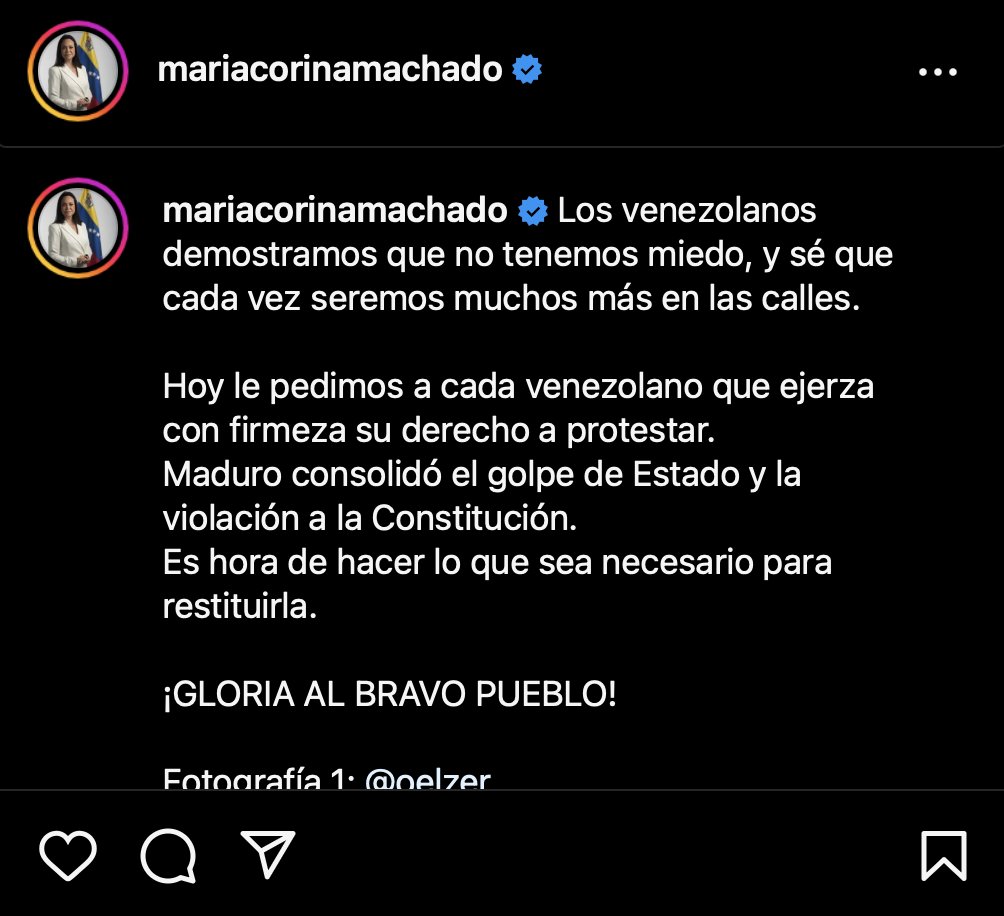 UHN_Plus's tweet image. 🇻🇪 | URGENTE

María Corina Machado llama a los venezolanos a ejercer con firmeza su derecho a protestar contra el régimen de Nicolás Maduro. 

Denuncia que el tirano ha consolidado un golpe de Estado y viola la Constitución. Machado insiste en que es momento de luchar por la…