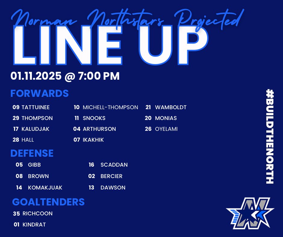 Join us for the Northstars' first home game of 2025! Go Northsgars Go!💫

📍C.A. Nesbitt Arena
🕐 7:00 PM Puck Drop
💻 flosports.link/3YCyLOO 

#BuildTheNorth