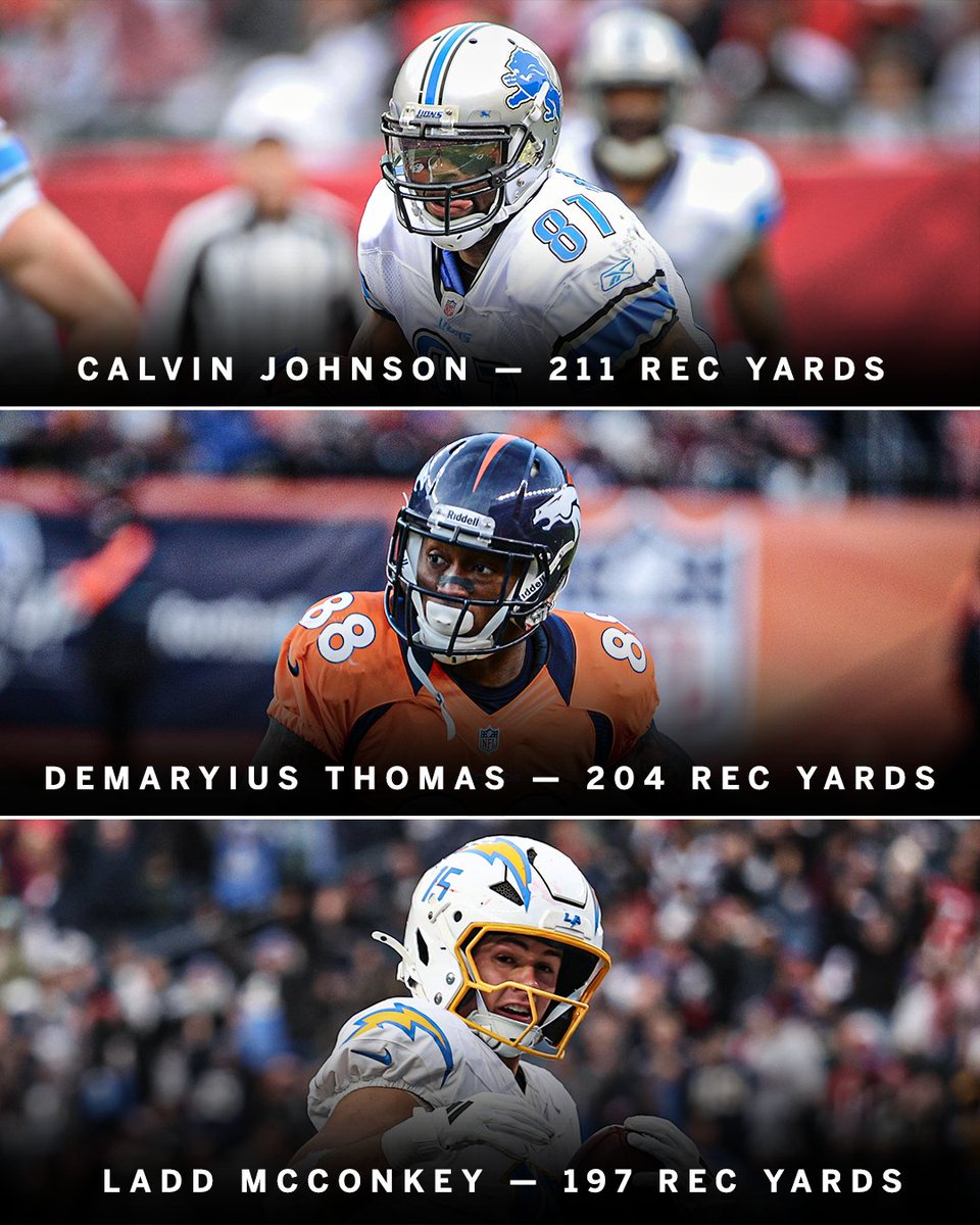 SportsCenter's tweet photo. Ladd McConkey's 197 receiving yards are the third-most in a playoff debut in NFL history ⚡
 
It's also the most-ever in a playoff game by a rookie, passing Puka Nacua in 2023! https://t.co/L5lpHCzPin