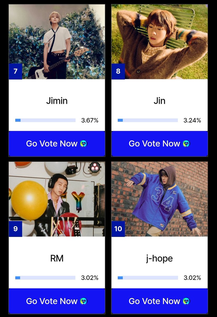 01Btsxarmy1's tweet photo. 📊| 2024 HMA - Artist of the Year Main Prize

‼️2 HOURS LEFT‼️

BIGC (50%): https://t.co/gB4XWBaINE
#7 Jimin
#8 Jin
#14 j-hope
#15 RM

Whosfan (50%): https://t.co/rhBmdarzCr
#7 Jimin
#8 Jin
#9 RM
#10 j-hope

✅️ 30% voting
📅 ~Jan. 12, 12PM KST
Keep your votes coming,ARMY! 🔥 https://t.co/Mrk1LHxzF6