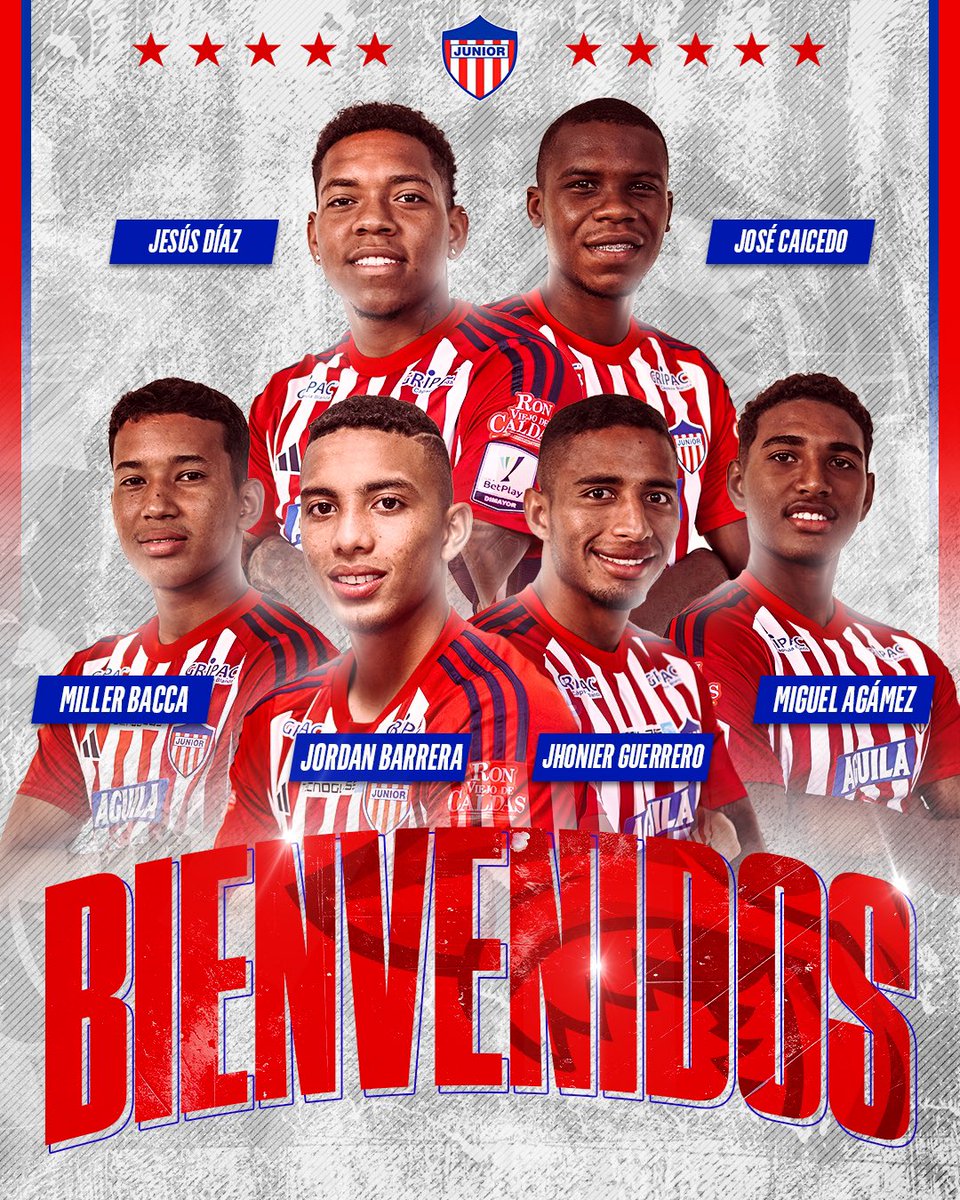 JuniorClubSA's tweet photo. 🔥🦈 ¡ORGULLO DE NUESTRA CASA!
Damos la bienvenida a Jordan Barrera, Miller Bacca, Jesús Díaz, Jhonier Guerrero, José Caicedo y Miguel Agámez, talentos forjados en el Barranquilla FC, que ahora llegan para fortalecer con su calidad y pasión a nuestro amado cuadro Tiburón. 
¡El futuro está aquí!
#VamosJunior