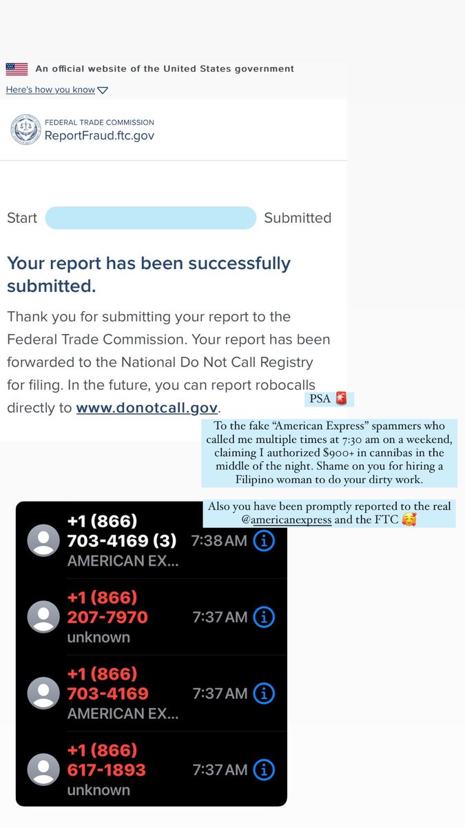 pho_op's tweet photo. PSA 🚨 “American Express” phishing scam going around. At least get your time zones straight when attempting to scam and not call at 7:30 am on a Saturday. 

Ty to the real @AmericanExpress for the best customer service. Report and block these numbers. https://t.co/P9rW3e2oB3