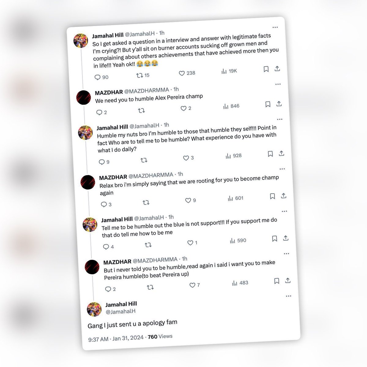 That time #mmatwitter realized in realtime how unhinged Jamahal can get because he has a hard time reading words 🫠