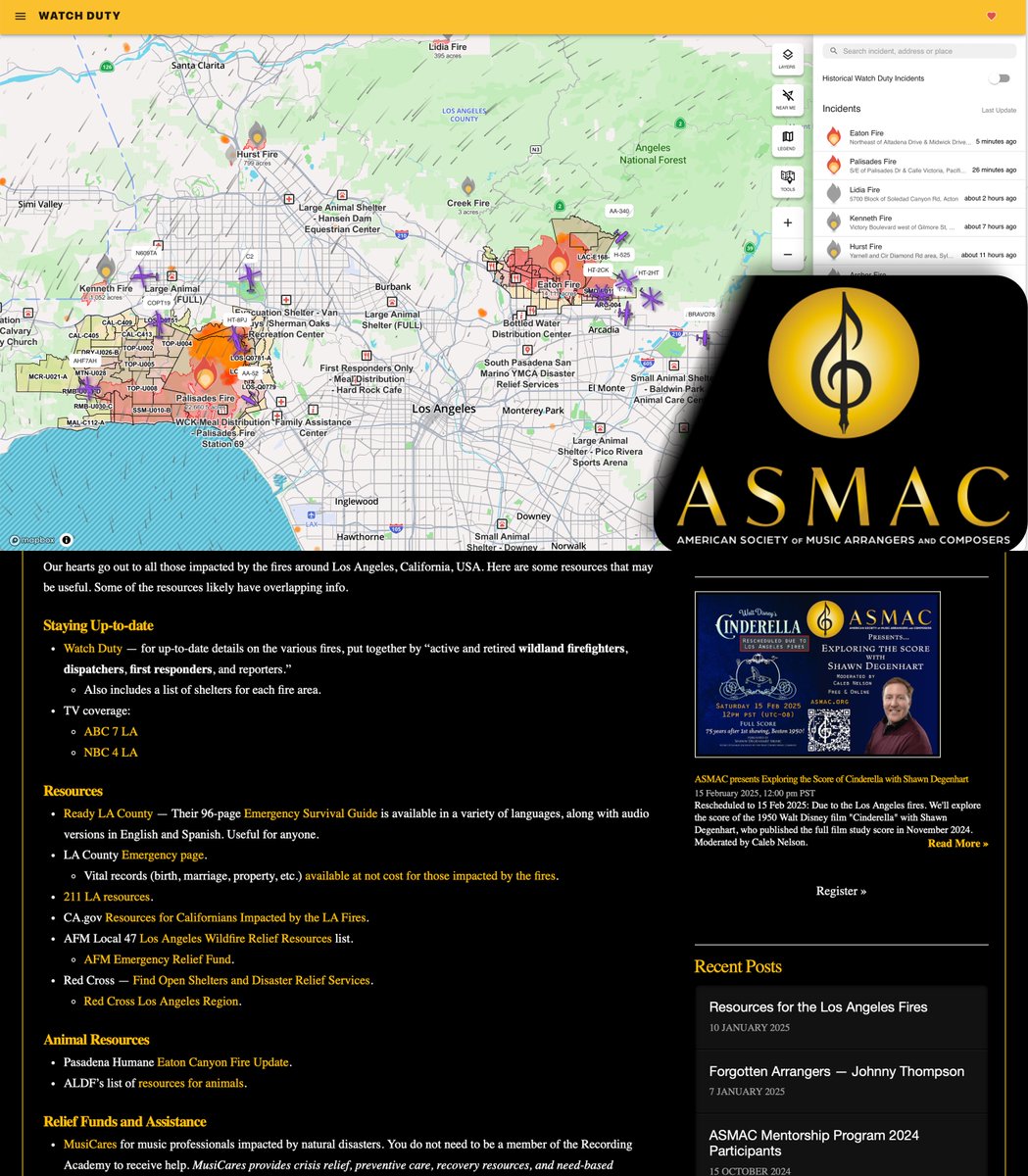 Resources for those impacted by the #LosAngelesFires, along with links to other lists:
asmac.org/la-fires/

Periodically updating the list.

#EatonFire #PalisadesFire #KennethFire #SunsetFire #LAFires #LosAngeles #Altadena #Pasadena #Palisades #Musicians