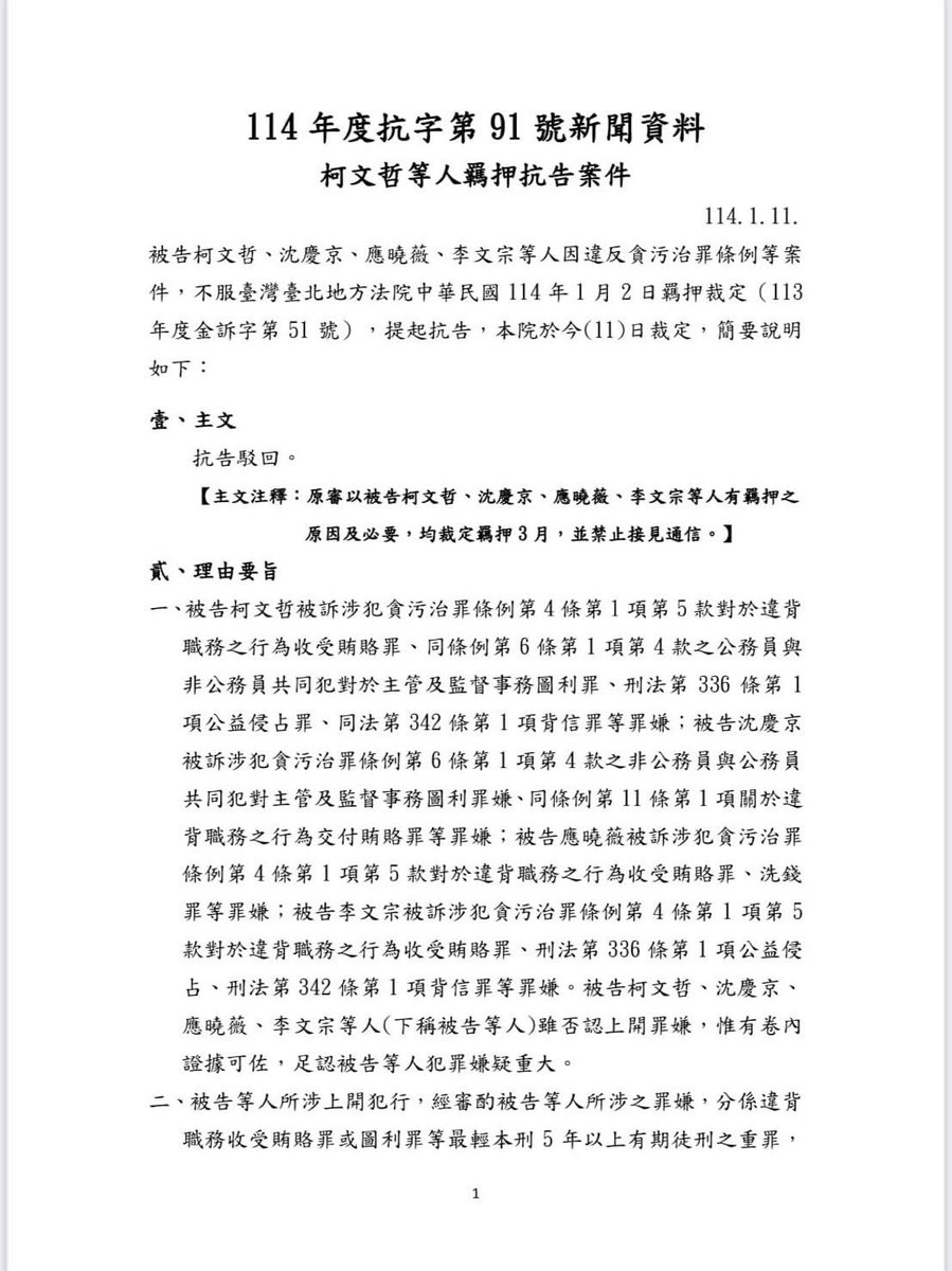 UBHoFE7lzf2G9Xs's tweet photo. 柯等人抗告被駁回，繼續收押，不得再抗告！

三次抗告到高院，高院三個合議庭，9名法官，一致認定罪嫌重大！扛住民眾黨和國民黨動員群眾的政治壓力，高院依法駁回柯文哲抗告！

法律面前，人人平等！
覊押禁見，牢裏過年。 https://t.co/P8E9UdE4pA