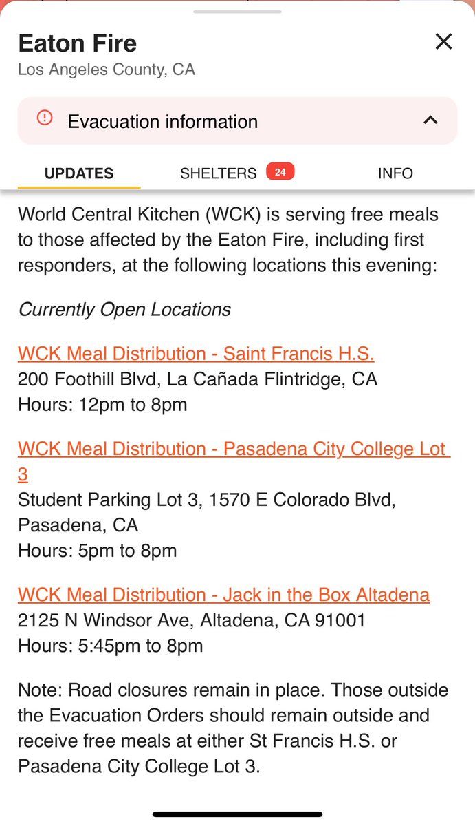 KirkWrites79's tweet image. World Central Kitchen is serving free meals for those affected by the Eaton fire.