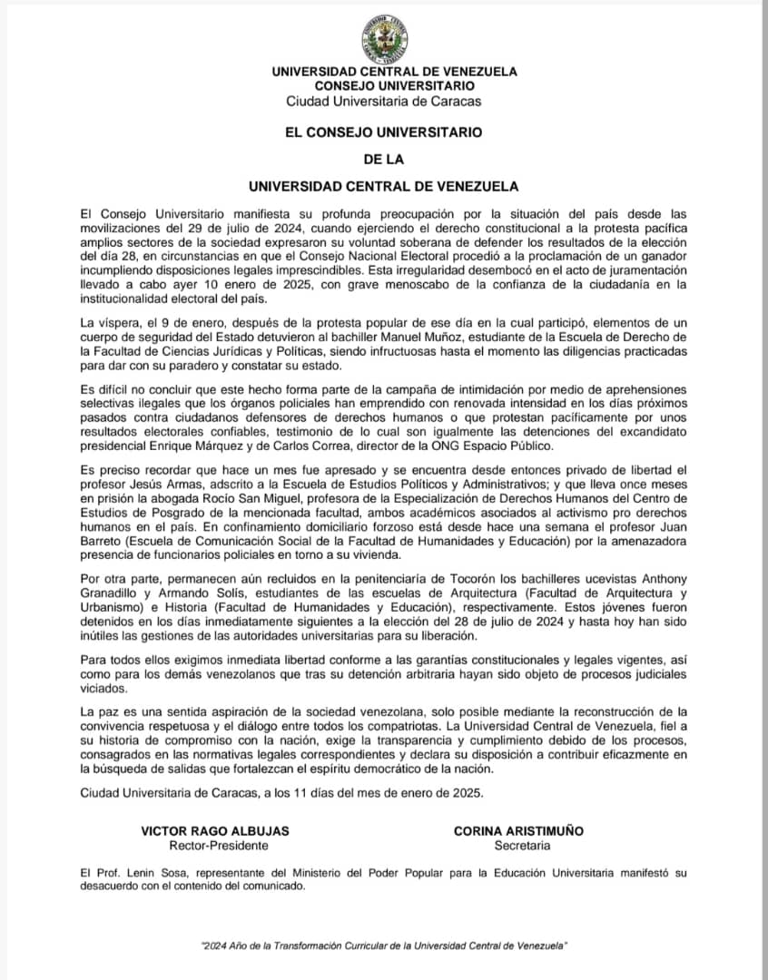 Exijiendo la libertad de los ucevistas injustamente detenidos comparto el pronunciamiento del Consejo Universitario de la #UCV conforme a la salvaguarda de la verdad, de los principios constitucionales y del Estado de Derecho.