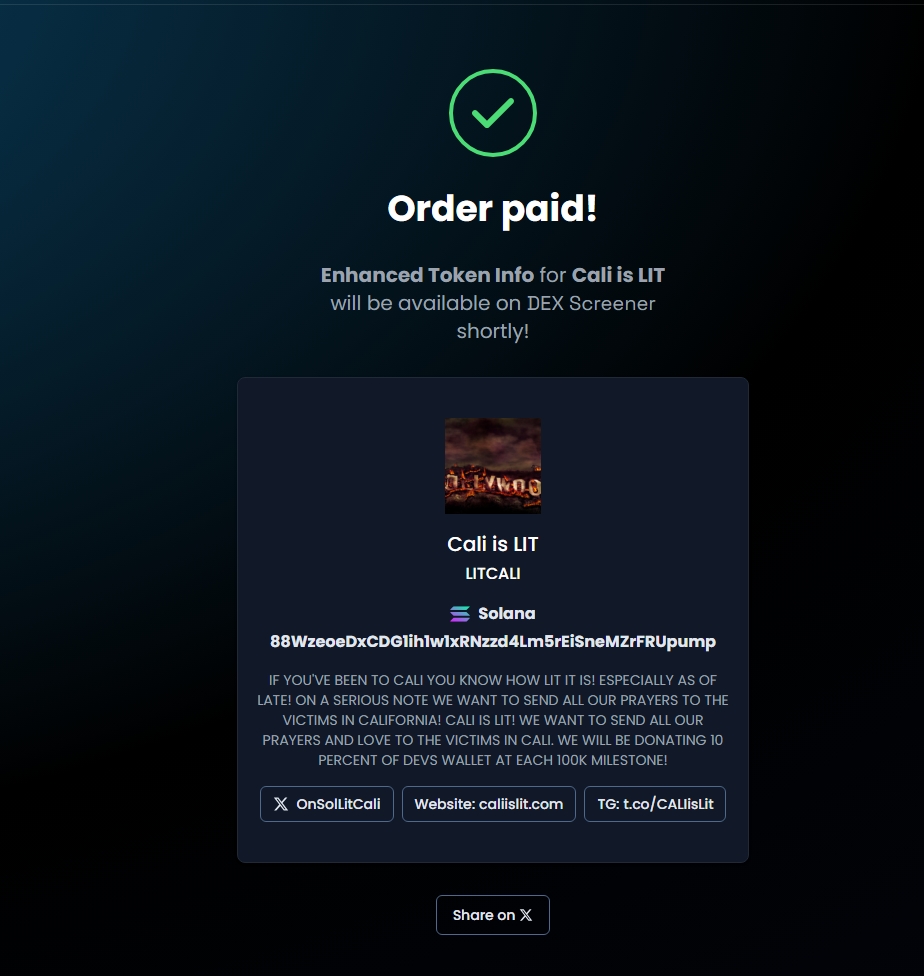 OnSolLitCali's tweet photo. DEX is paid! Sorry for the delay like I said new to this! I see we hit some milestones! Will address those next! https://t.co/IjFFTNzhVA