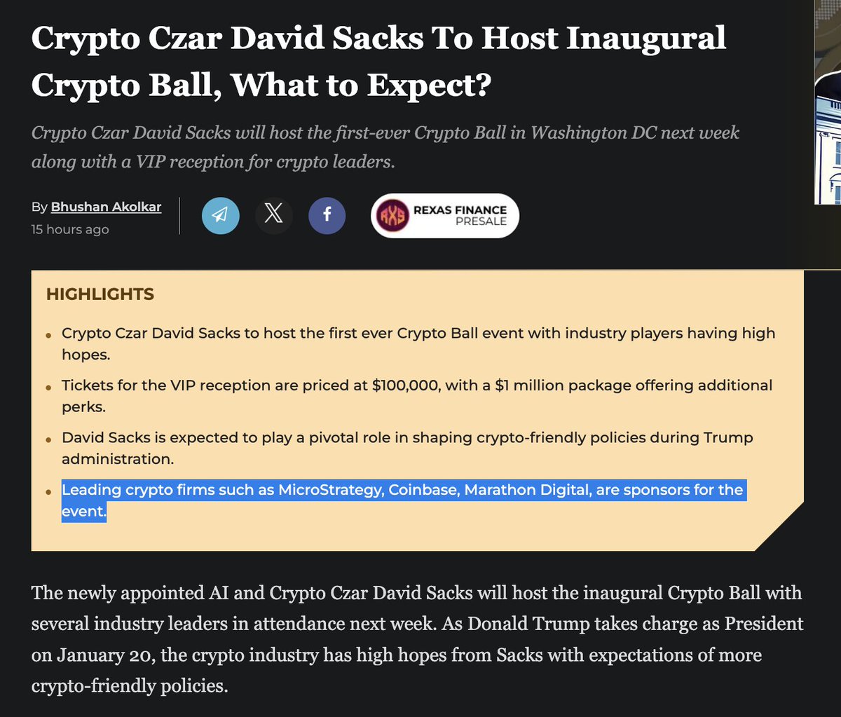 MARA, $MSTR and $COIN are sponsoring the Inaugural Crypto Ball which is a  high profile event in Washington DC on Friday night with new Crypto Czar  David Sacks of the Trump Administration