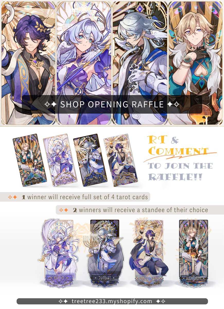 🌟 SH0P'S OPEN 🌟
I'm running a raffle to give away 2 standees and 1 full tarot card set. RT &amp; Comment to join!! Winners will be announced on Jan. 29 (Lunar New Year)! 
Good luck Everyone🧧🧧🧧
#HonkaiStarRail #崩壊スターレイル
item details &amp;🛒link in the thread ▼▽