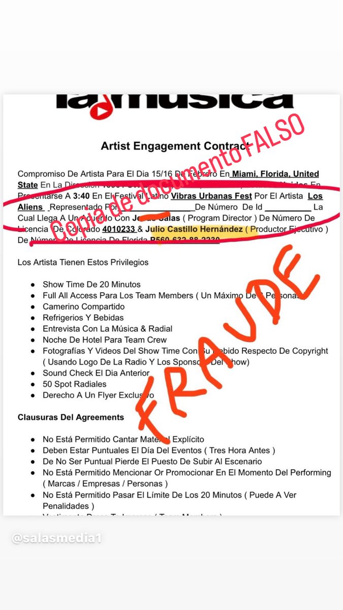 Copia de documento Falso🚨 ALERTA IMPORTANTE: FRAUDE Y ESTAFA 🚨

Se ha detectado un contrato falso usando mi nombre y el de otras personas para engañar a artistas y pedirles dinero a cambio de presentaciones en eventos.

ACLARACIÓN:
•No conozco a las personas mencionadas en