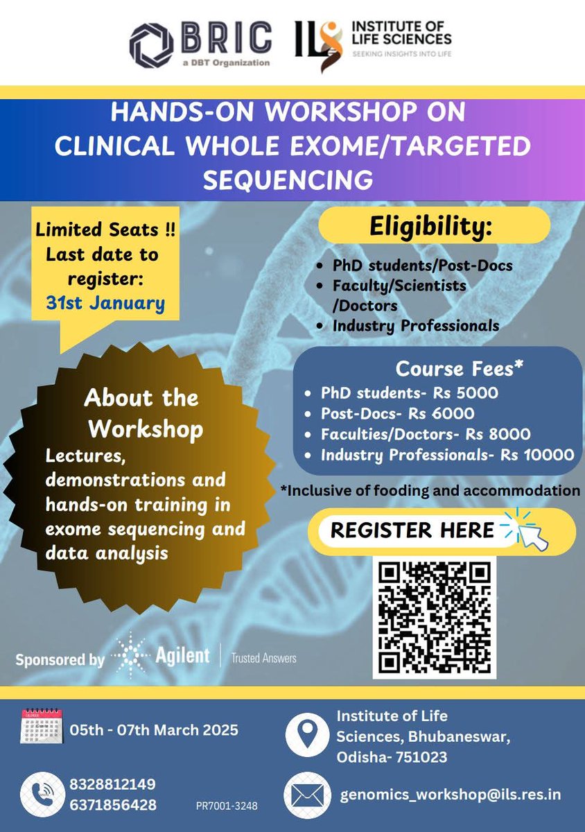 SunilRa2010's tweet photo. Three day hands-on workshop on clinical whole exome/targeted sequencing at BRIC-ILS from 5th to 7th March,2025. Come join us to understand and explore the rapid advancements made in the field of clinical  genomics.
The last date of registration is 31st January,2025. https://t.co/NBNERvAxSg