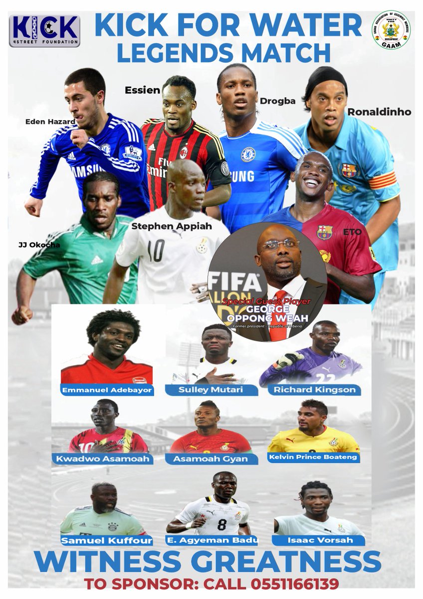 kick4street's tweet photo. 💧 Kick4Water Legends Match ⚽

Football legends unite for a life-changing cause! Watch Ronaldinho, Hazard, Drogba, Essien, Eto’o, JJ Okocha, and more as they kick for clean water and brighter futures across Africa.

Every goal brings us closer to safe water for all. 🌍 https://t.co/bEBz2kgpOn