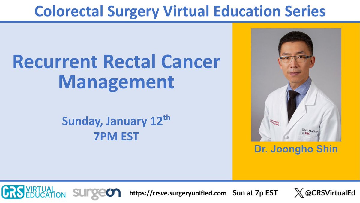 CRSVirtualEd (@crsvirtualed) on Twitter photo TONIGHT! Join us at 7pm EST to learn about the management of recurrent rectal cancer with Dr. Joongho Shin from <a href="/uscsurgery/">USCSurgery</a>
#MedEd #CRSVE #SoMe4Surgery TONIGHT! Join us at 7pm EST to learn about the management of recurrent rectal cancer with Dr. Joongho Shin from <a href="/uscsurgery/">USCSurgery</a>
#MedEd #CRSVE #SoMe4Surgery