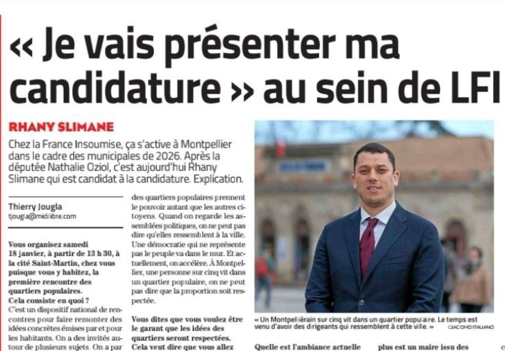 Rhany Slimane fait un excellent co-chef de file pour porter à #Montpellier la dynamique communaliste que LFI appelle de ses vœux. Plus que jamais LFI pourra associer les actes à la parole en donnant toute leur place à celles et ceux qui sont trop svt invisibilisés.e.s.