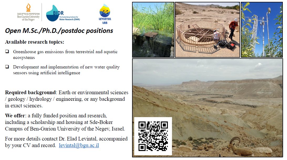 🎉 We are excited to announce open MSc, PhD, and Postdoc positions at the Levintal Lab (levintal-lab.com) here at <a href="/bidrBGU/">bidrBGU</a>!
🔗 Please help us share and tag anyone who may be interested!
 #MSc #PhD #Postdoc  #EnvironmentalScience #Sensors #AI #GHGemission #waterquality