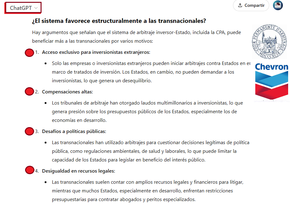 PlataformaVPTE's tweet photo. 🧵8/8
Si no nos crees a nosotros, pregunta a la Inteligencia Artificial de cómo la #CPA &amp; #CIADI benefician con MILES DE MILLONES💸 a transnac. en contra de los países.
⚠️Esto es lo que está haciendo #DanielNoboa en contra del #Ecuador 
La lucha es AHORA💪🏽🇪🇨... mañana será tarde. https://t.co/bRps3v9jsH