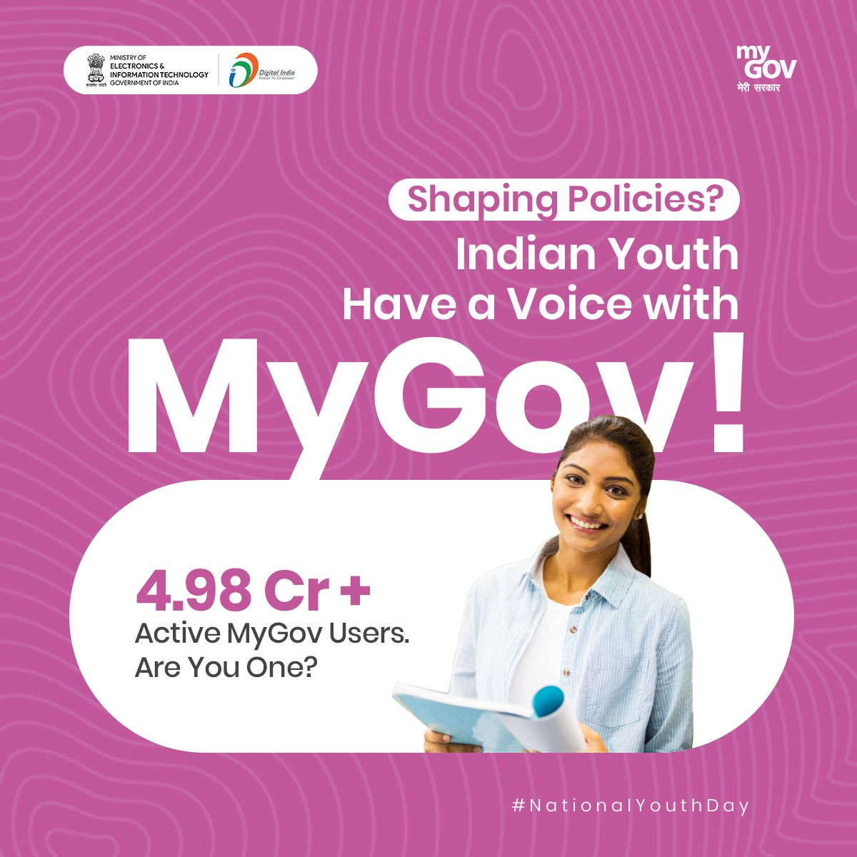 ✊ In India, youth share ideas directly with the government via MyGov. Join #DigitallyYouthfulIndia and make your voice heard! 🌟 What’s your suggestion for India’s growth? Drop it below!

#NationalYouthDay #MyGov #YouthParticipation
<a href="/mygovindia/">MyGovIndia</a>