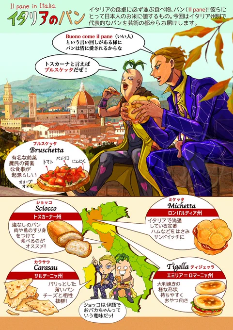 ジョジョで知ろうイタリア生活 『イタリアのパン』
#イタリア #パンの日
イタリア人にとってパンは日本人のお米のようなもの!
パンの種類が多過ぎます。
今回は芸術の都から州別で代表的なパンを紹介します。
下:おまけイラスト(動画) 