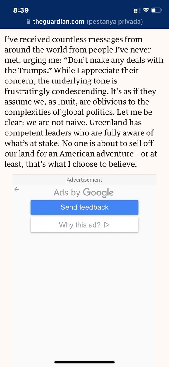 A Groenlàndia, ni USA ni Dinamarca. La cineasta i activista <a href="/AkaHansen/">Aka Hansen</a> a The Guardian: 

"Groenlàndia no està en venda. Però tampoc estem contents amb l'statu quo. Els nostres somnis d'independència  no són només somnis; són plans en marxa"

theguardian.com/commentisfree/…