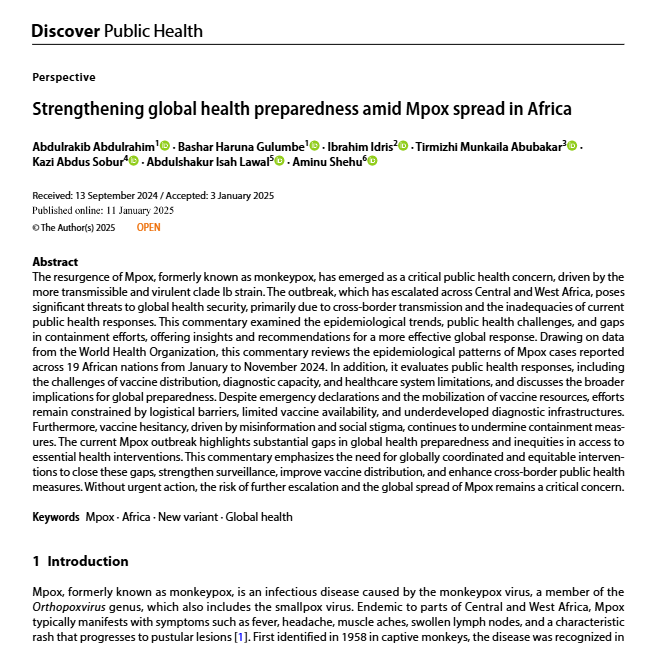 I'm happy to share our new paper titled Strengthening Global Health Preparedness Amid Mpox Spread in Africa.

Read and Share👉👉rdcu.be/d5ZPq
#mpox #Africa #DRC #monkeypox #GlobalHealth