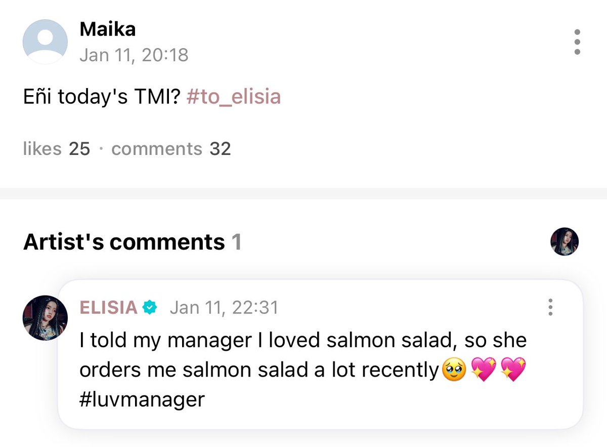 softlyforelisia's tweet photo. aww! manager-nim🥹🤍

op: Eñi today's TMI? #to_elisia 
elisia: I told my manager I loved salmon salad, so she orders me salmon salad a lot recently🥹💖💖 #luvmanager

#UNIS @UNIS_offcl #ELISIA https://t.co/YXXXn7XTrx