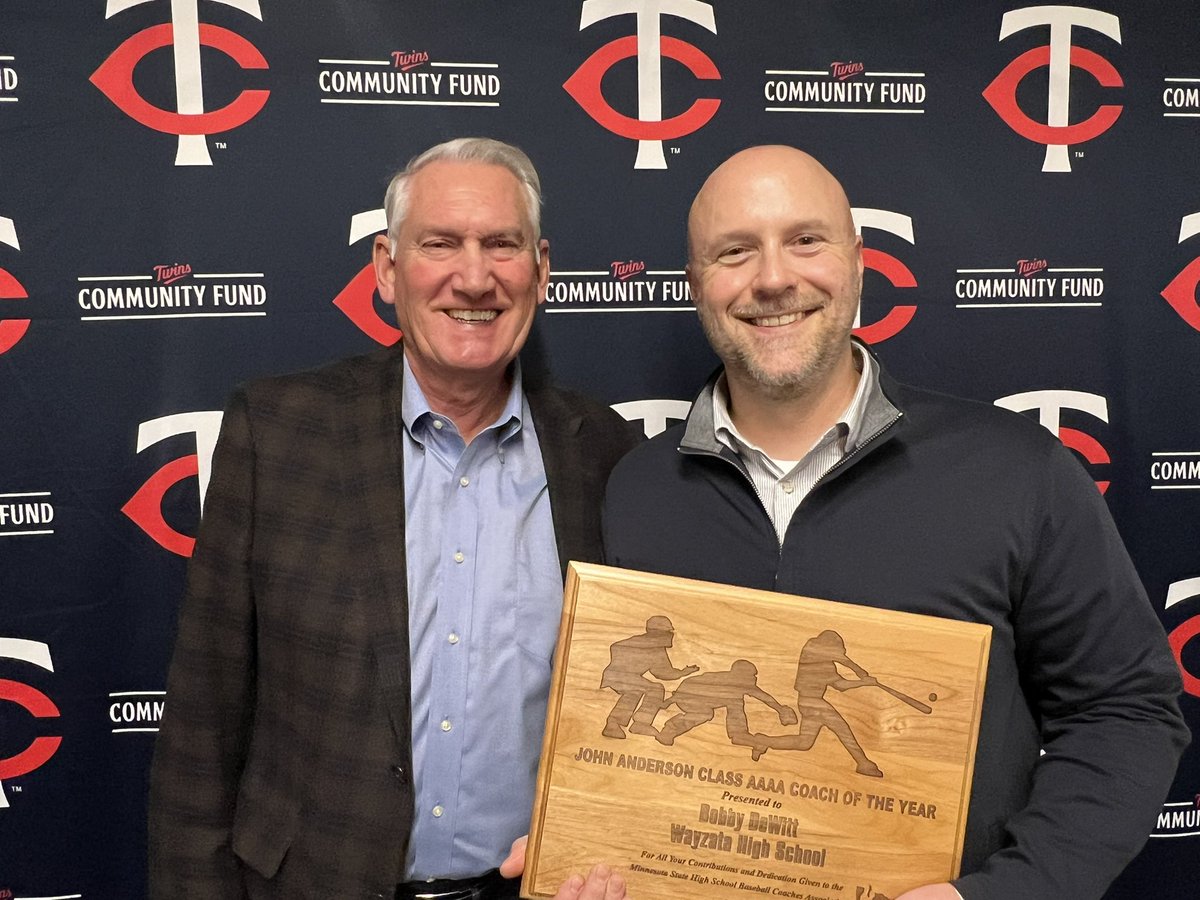 MSHSBCA's tweet photo. John Anderson with Wayzata’s Bobby DeWitt, 4A Coach of the Year. https://t.co/BH3GF19zNP