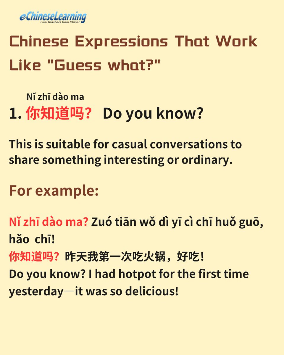 ECLSchool's tweet photo. Do You Know How to Say "Guess What?" in Chinese?
eChineseLearning offers one-on-one lessons with professional teachers to help you learn practical and natural Chinese. DM me to get a free trial lesson today!
#LearnChinese #learnMandarin #ChineseLanguage #ChineseClass https://t.co/LPwm828mDf