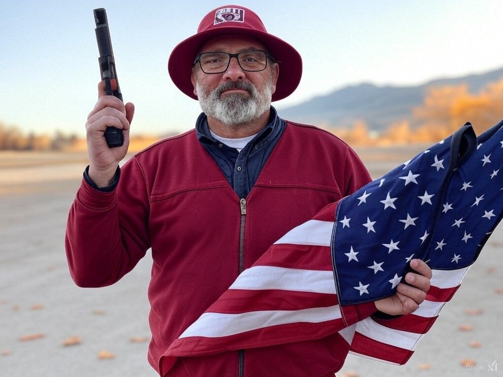 DavidELentz2's tweet photo. This is my MAGA ATTITUDE! I asked Grok to make a pic of me with a flag and a 45, and here we are. I'm not anybody special, just a broken down disabilty-retired Corrections Officer who loves God, Country, and Family.
#ULTRAMAGA4LIFE
#BIDAMMIT
#MIGHTY200
#JESUSCHRISTREIGNS4EVER https://t.co/sYG3muBess