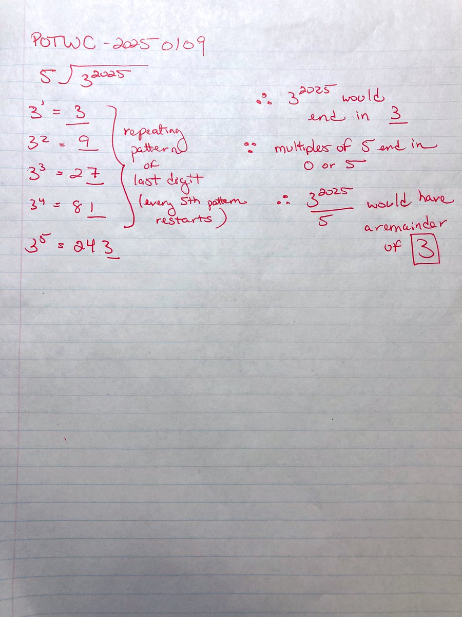 mrlemarquand's tweet image. (3^2025)/5 has remainder 3? My attempt @UWaterlooCEMC #problemoftheweek #potw #problemsolving #abed #ccsdedu
Question link: cemc.uwaterloo.ca/sites/default/…