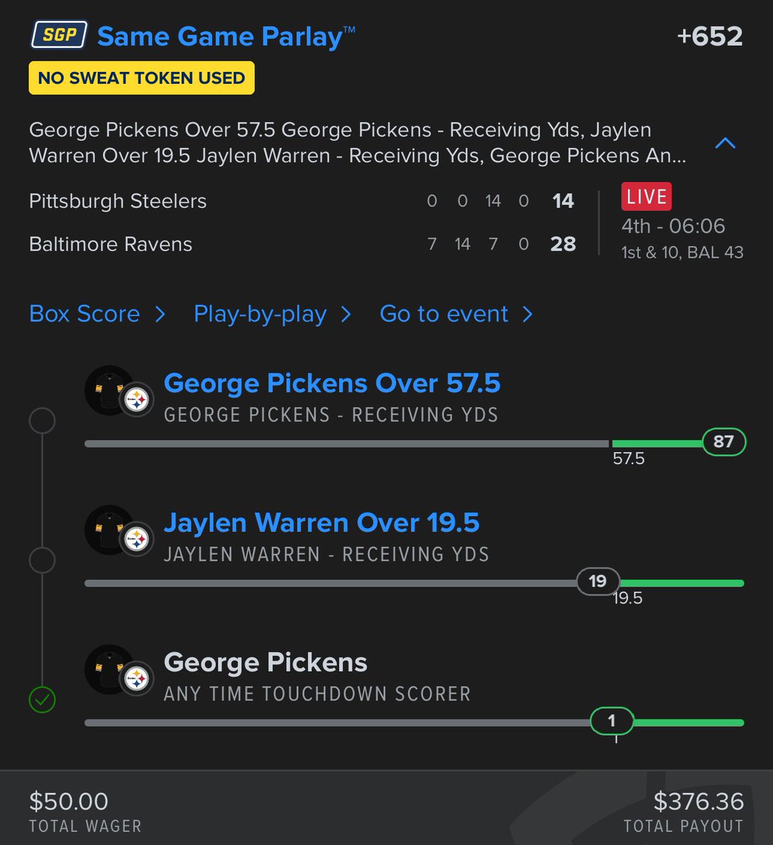 BombSportsPicks's tweet photo. Anyone else’s parlay bout to get cooked over 1 yard… 🤦🏻‍♂️ at least it was a no sweat 😅 https://t.co/0pJgzuhsuM