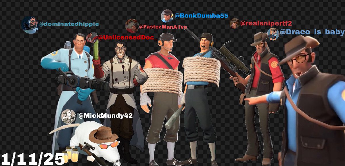 New banner what we think gang?
<a href="/dominatedhippie/">BLU S★LDIER</a> 
@MickMundy42 
<a href="/UnlicensedDoc_/">Dr. Ludwig🥀</a>
<a href="/FastezManAlive/">The Scout (god's gift to WOMEN)</a> 
@BonkDumba55 
<a href="/realsnipertf2/">Sniper ( team fortress2)</a>