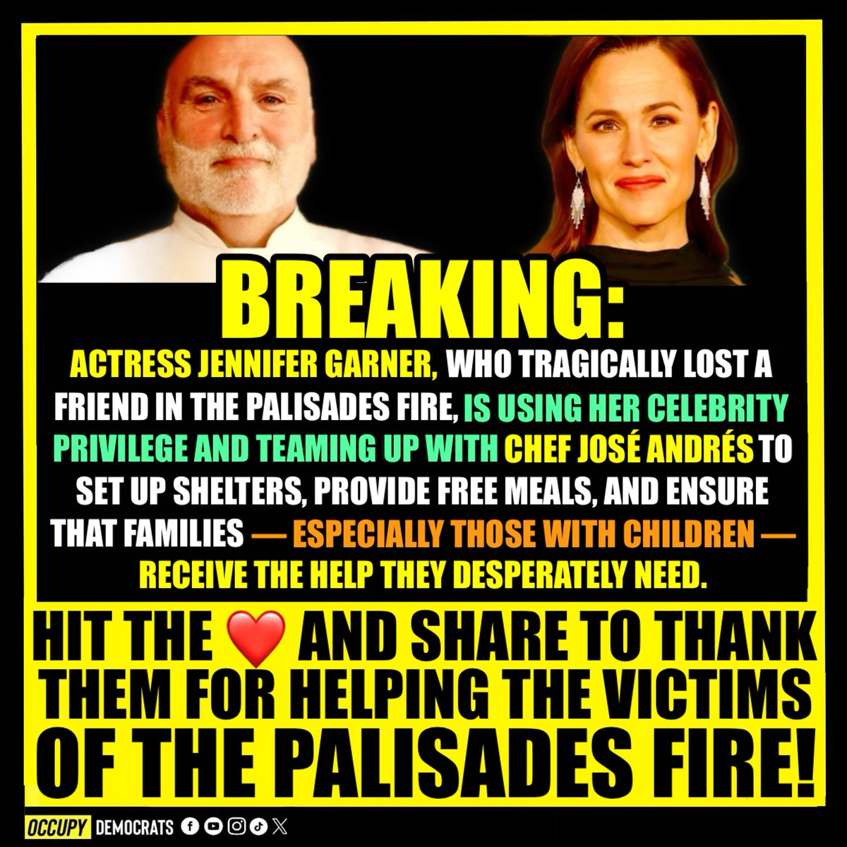 OccupyDemocrats's tweet photo. This is a HUGE help for the victims of the #PalisadesFire ! 🙏 Hit the ❤️ and RETWEET to thank Jennifer Garner and Chef José Andrés! Follow us 👉 @occupydemocrats @Poptivism_ 🚨SHARE THIS🚨 #jennifergarner #chefjoséandrés #lafires #palisadesfires #LosAngelesFire #LosAngelesFires https://t.co/jktzv3Hb68