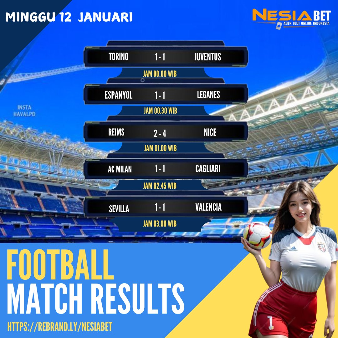 HASIL Pertandingan BOLA 12 JANUARI 2025 AYO deposit sekarang juga, NESIABET menerima DEPOSIT PULSA TANPA POTONGAN. BONUS NEW MEMBER 50% Deposit bisa menggunakan PULSA, OVO, DANA, GOPAY