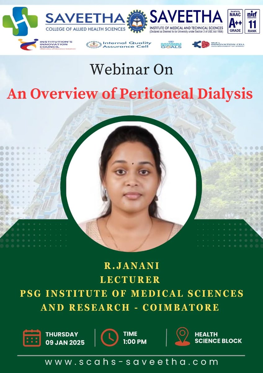 SCAHSOfficial's tweet photo. SCAHS conducted a webinar program about the topic entitled " An overview of peritoneal dialysis" on 9th January 2025. Ms. Janani, lecturer in PSG Institute of medical Sciences was the speaker for this event. @SIMATS2 @VC_SIMATS https://t.co/ZbRqCaccL1