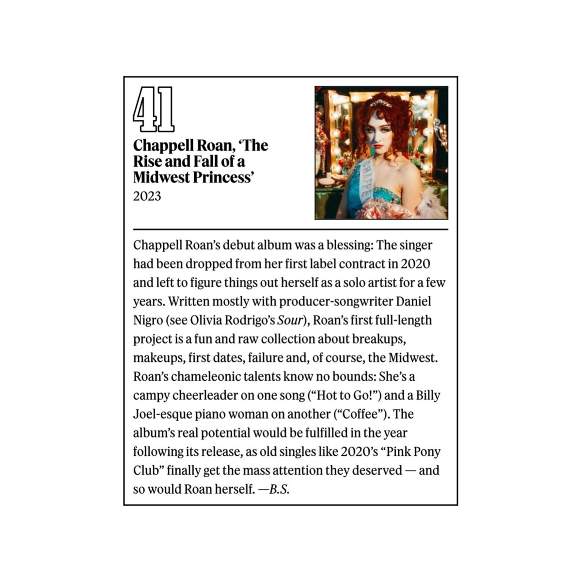 Rolling Stone ranked ‘The Rise and Fall of a Midwest Princess’ by Chappell Roan as the #41 greatest album of the 21st century so far!