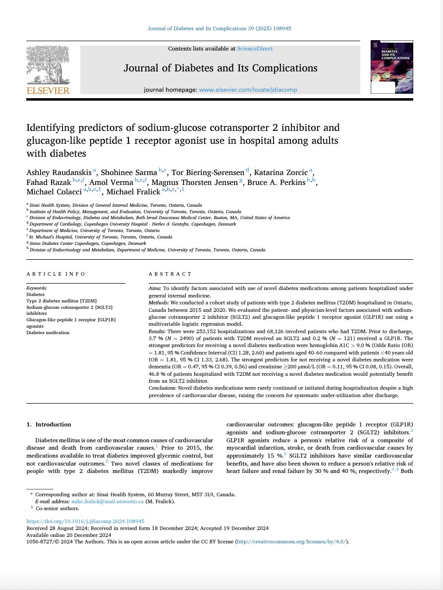 Shohinee Sarma (@sho_sarma) on Twitter photo New study 🚨
Identifying predictors of SGLT-2i and GLP1RA use in hospital
🚨 Low use (SGLT-2i 3.7%, GLP1 0.2%)
🚨 47% of pts with T2D & CVD, HF, or renal dx would benefit from SGLT-2i before discharge
sciencedirect.com/science/articl…
<a href="/FralickMike/">Michael Fralick</a> <a href="/DrFahadRazak/">Fahad Razak</a> <a href="/AmolAVerma/">Amol Verma</a> <a href="/TorBiering/">Tor Biering-Sørensen, MD, MSc, MPH, PhD</a> New study 🚨
Identifying predictors of SGLT-2i and GLP1RA use in hospital
🚨 Low use (SGLT-2i 3.7%, GLP1 0.2%)
🚨 47% of pts with T2D & CVD, HF, or renal dx would benefit from SGLT-2i before discharge
sciencedirect.com/science/articl…
<a href="/FralickMike/">Michael Fralick</a> <a href="/DrFahadRazak/">Fahad Razak</a> <a href="/AmolAVerma/">Amol Verma</a> <a href="/TorBiering/">Tor Biering-Sørensen, MD, MSc, MPH, PhD</a>