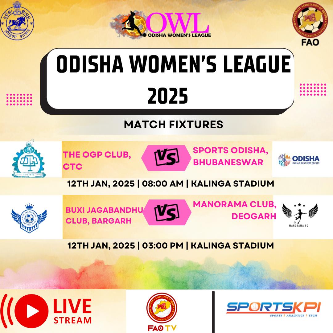FootballOdisha's tweet photo. 📅 Here’s today’s Odisha Women’s League match fixture! Don’t miss the live action streaming exclusively on FAO TV and SportsKPI YouTube channels. 🎥⚽

👉 Subscribe now to stay updated with all the thrilling moments! 💥

 #OdishaWomensLeague #LiveFootball #FAOTV #SportsKPI https://t.co/Y80HgCHuLI