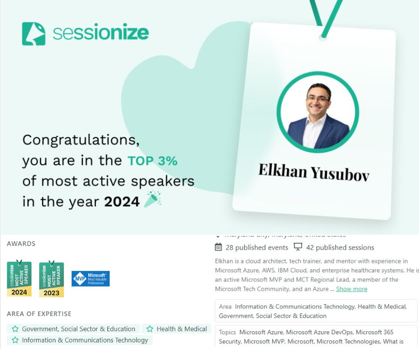 ElYusubov's tweet photo. 🌟 Thrilled to share of being recognized of the top 3% of most active speakers for 2024 🎉

📌 Check out the #CloudMarathoner post  https://t.co/BMIJquCrXV

#Sessionize #publicspeaking 
@_CloudFamily @ComeCloudWithUs @welshazure
@AzugSweden @AzureCrazy @MSCSUG @CloudLunchLearn https://t.co/g1CPNm308A