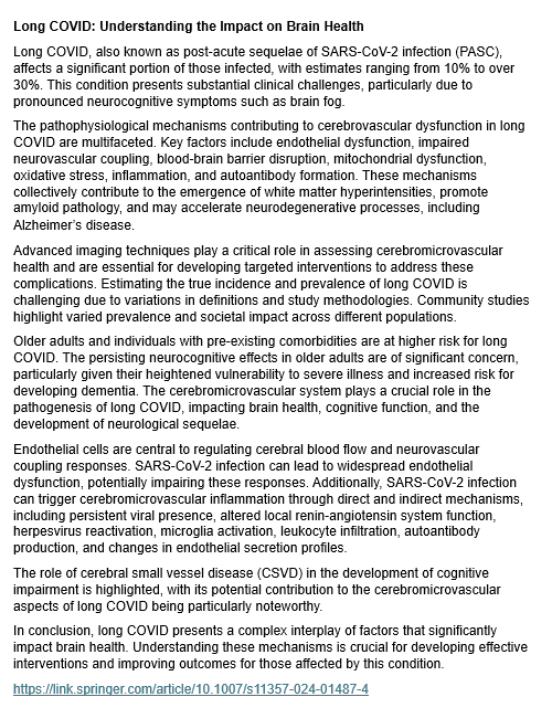 SARS-CoV-2 infection can trigger cerebromicrovascular inflammation through direct and indirect mechanisms.

These include persistent viral presence, altered local renin-angiotensin system function, herpesvirus reactivation, microglia activation, etc.
link.springer.com/article/10.100…