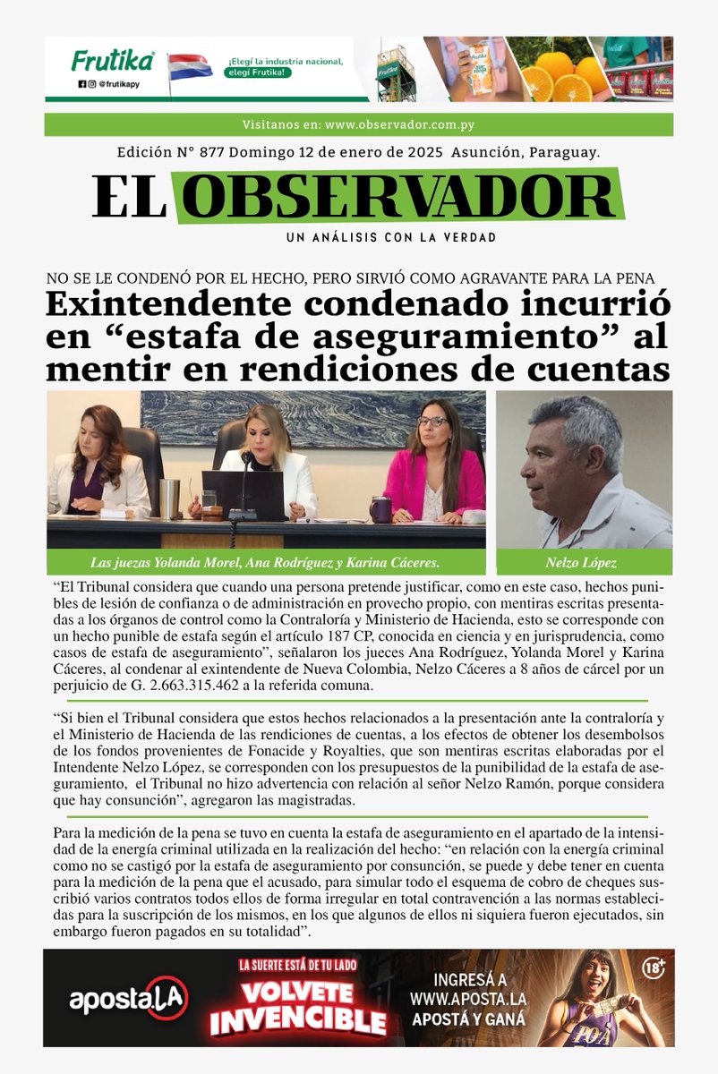 ¡Buenos días! 

✅Compartimos con ustedes nuestra tapa🗞️

🌥️Caluroso, cielo parcialmente nublado a nublado, vientos del sureste
 
🌡️Max: 37°  

📌Podes leernos en: observador.com.py