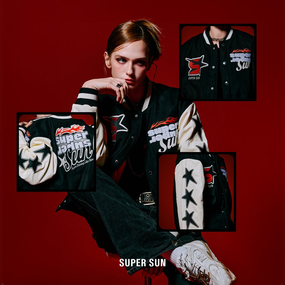 ssupersun's tweet photo. NOT YOUR AVERAGE VARSITY

SUPER SUN VARSITY JACKET

SUPER SUN's NEW SPECIAL COLLECTION
'SHINING STARS'

Available Now
at https://t.co/Y7jOQgl6U0

⚠️ Limited to 3 pieces per product per customer for griptoks and varsity jackets
⚠️ Limited to 5 pieces per product per customer for denim bags, blankets, hair clips, hair claws, and T-shirts
⚠️ Shipping starts from 13 JAN 2025
⚠️ For international orders, please provide your information in English

#SuperSun
#SSSHININGSTARS