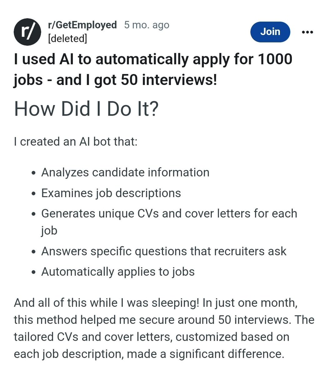MikaelDewabrata's tweet photo. Lagi rame di Reddit, ada yang bikin AI di mana sistem ini bisa apply otomatis 1000 pekerjaan dan dalam sebulan 50 interviews.

AI bot ini analisis informasi kandidat, pelajari job desc, bikin CV tergantung lowongan, dan apply otomatis.

Saya sematkan GitHub-nya di trid ini jg. https://t.co/Zi0zYWOo2f